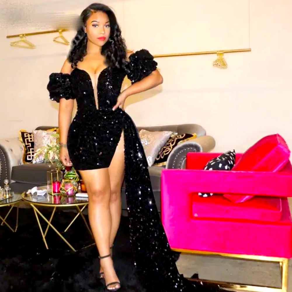 Custom Made Deep V Ruffled Cap Sleeved Sequined Prom Dress